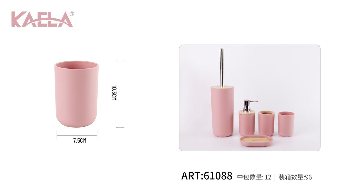 Bicchiere da bagno, rosa con coperchio in bambù