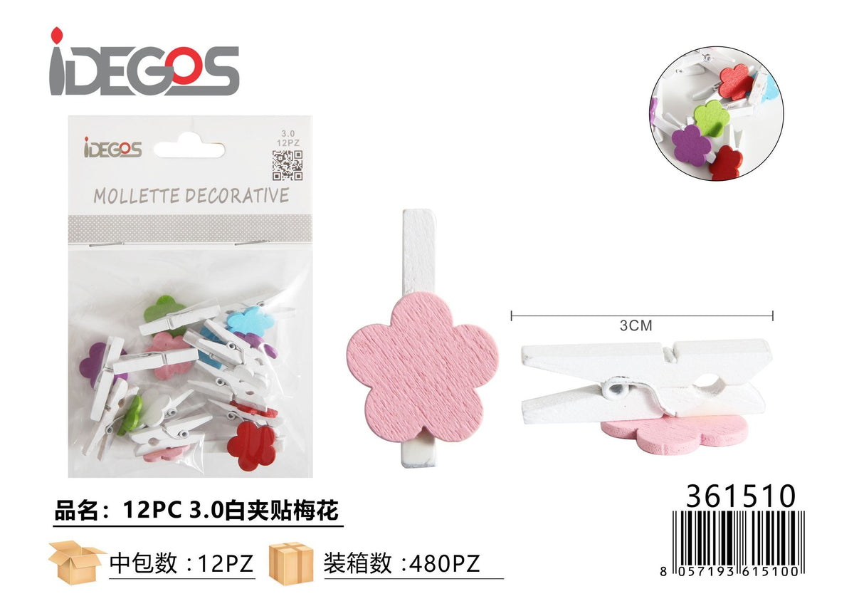 Mollette bianche con fiori colorati, 3 cm, 12 pezzi