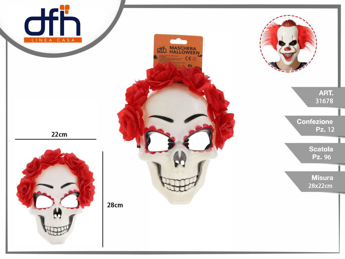 Maschera teschio con fiori rossi 28 × 22 cm