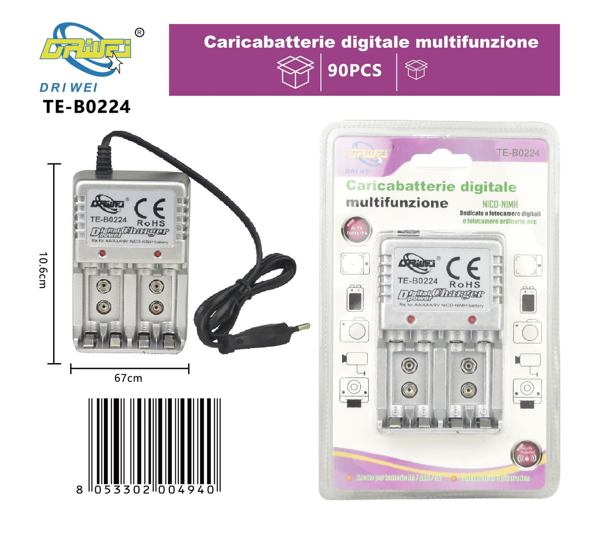 Caricabatterie per pile AA e AAA