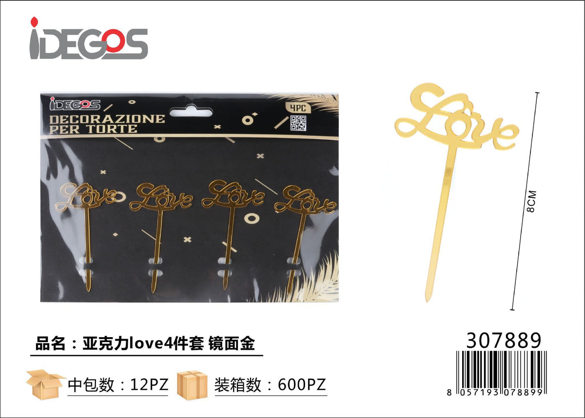 Decorazioni Love in acrilico oro a specchio, 4 pezzi