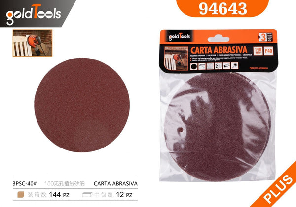 Carta abrasiva senza fori, grana 40, formato 150, 3 pezzi