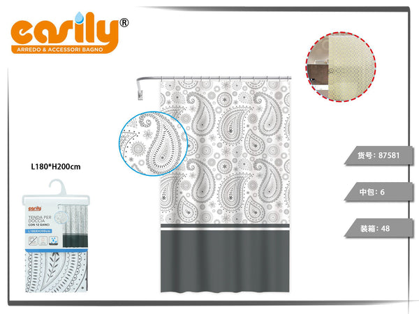 Tende doccia paisley con bordo a tinta unita e 12 ganci