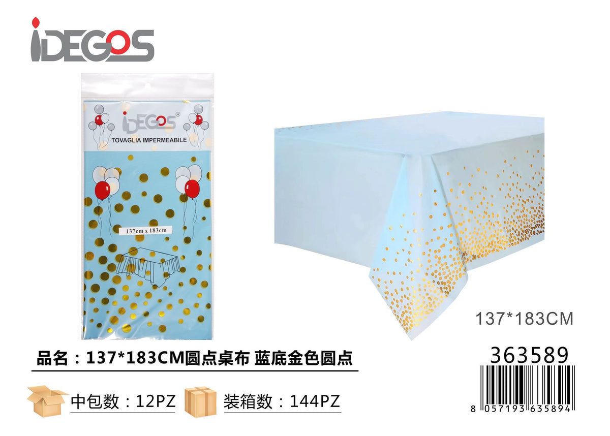 Tovaglia celeste a pois oro, 137 x 183 cm