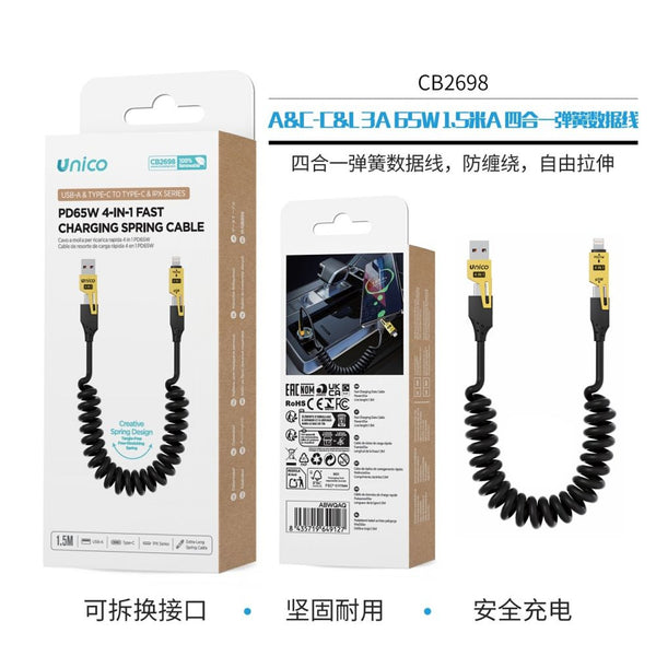 CB2698 A&C-C&L 3A PD65W 1.5m A Cavo a Spirale 4 in 1