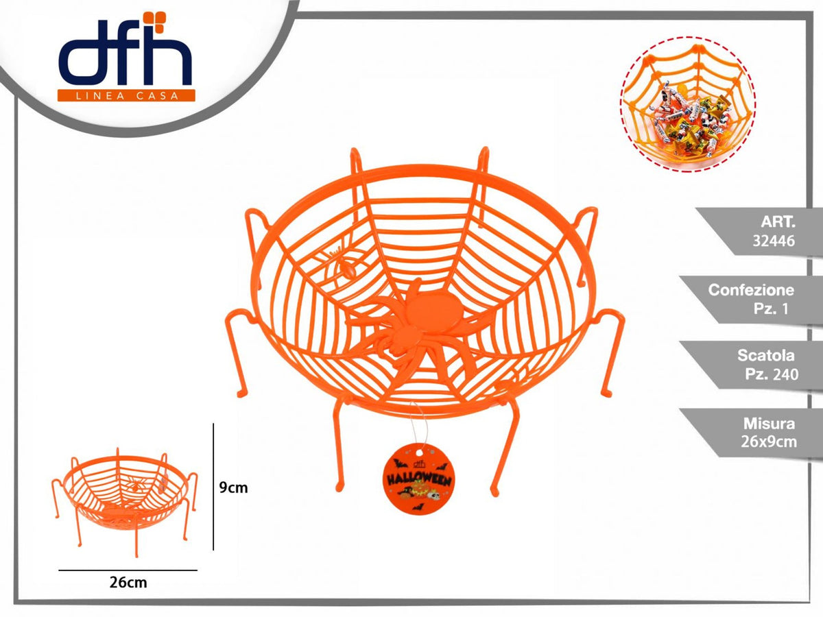 Cestino Halloween arancione a ragnatela 26 cm