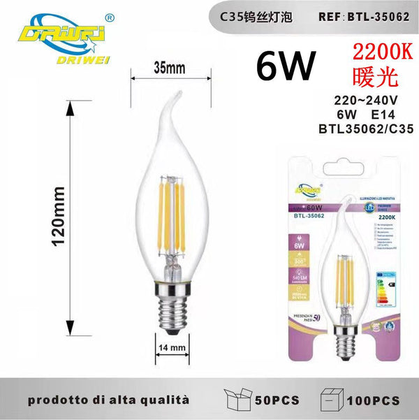 Lampadina decorativa a filamento — 6 W, 2200 K, E14