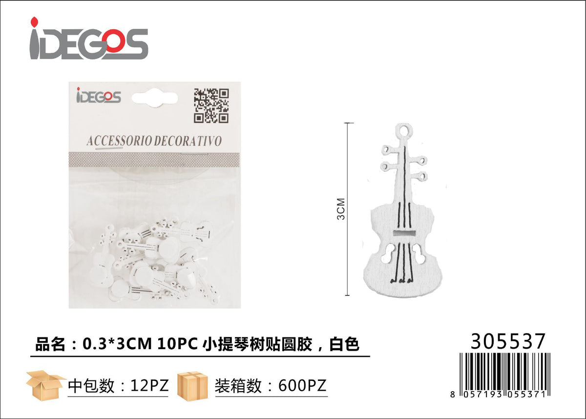 Set di 10 violini adesivi in legno, bianco, 3 cm