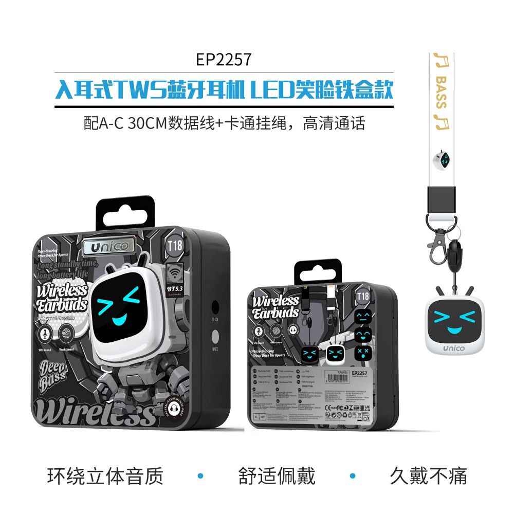 EP2257 Auricolari Bluetooth TWS In-Ear LED Faccina Sorridente Edizione Scatola di Ferro