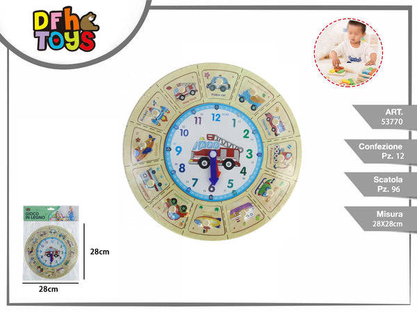 Puzzle in legno con orologio e veicoli, 28 cm