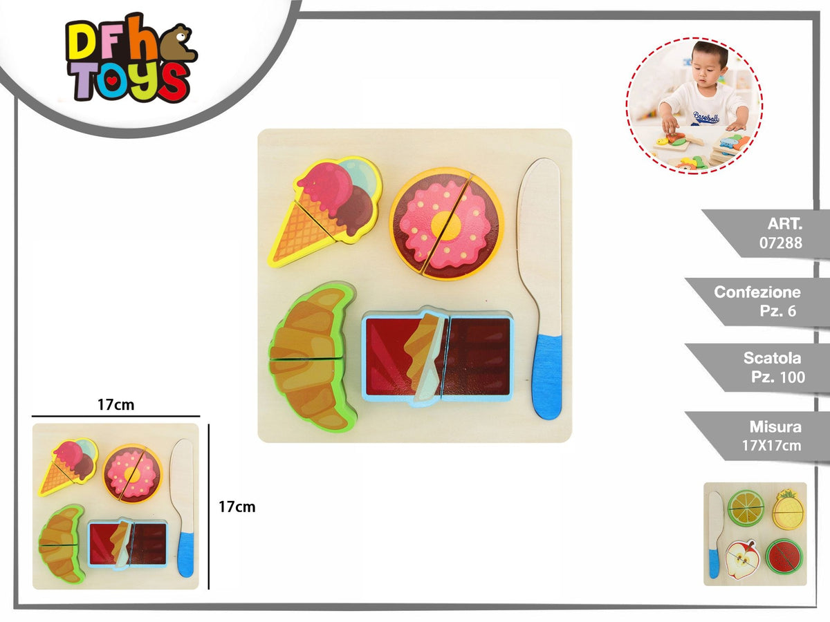 Gioco in legno con alimenti da tagliare e incastrare