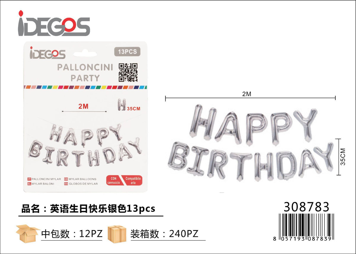 Set di palloncini Happy Birthday argento, 13 pezzi