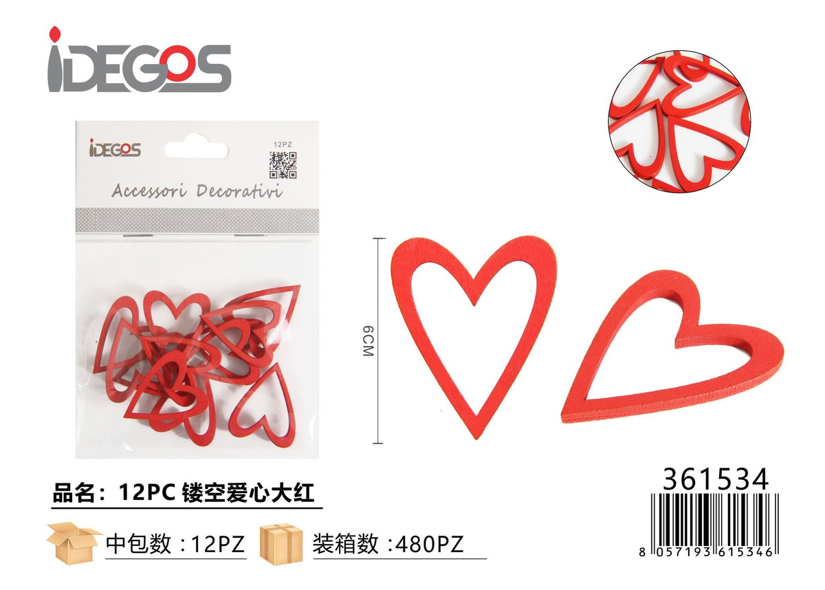 Set di 12 cuori traforati decorativi in legno, rosso