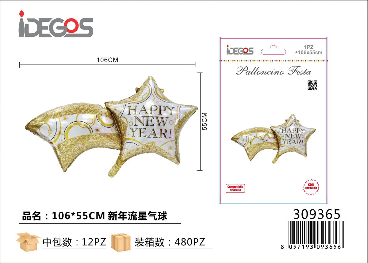 Palloncino foil a stella cometa Happy New Year 106 × 55 cm