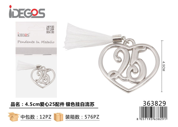 Ciondolo Cuore Numero 25 con nappina bianca, argento, 4,5 cm