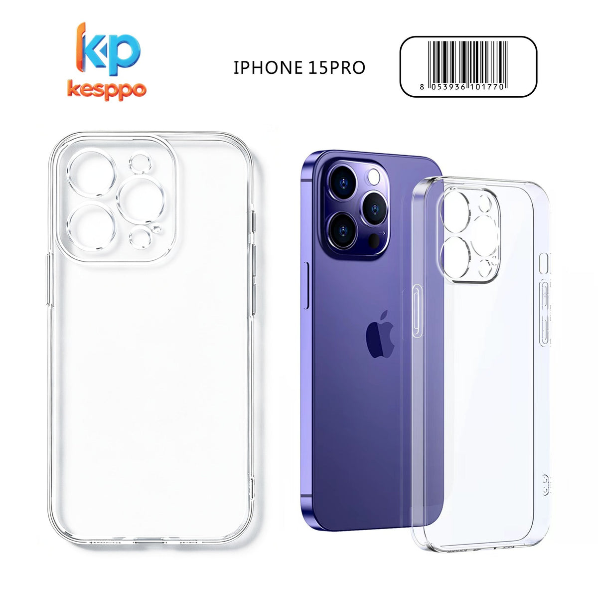 Custodia per iPhone 15 Pro – trasparente, in silicone, con aperture sagomate
