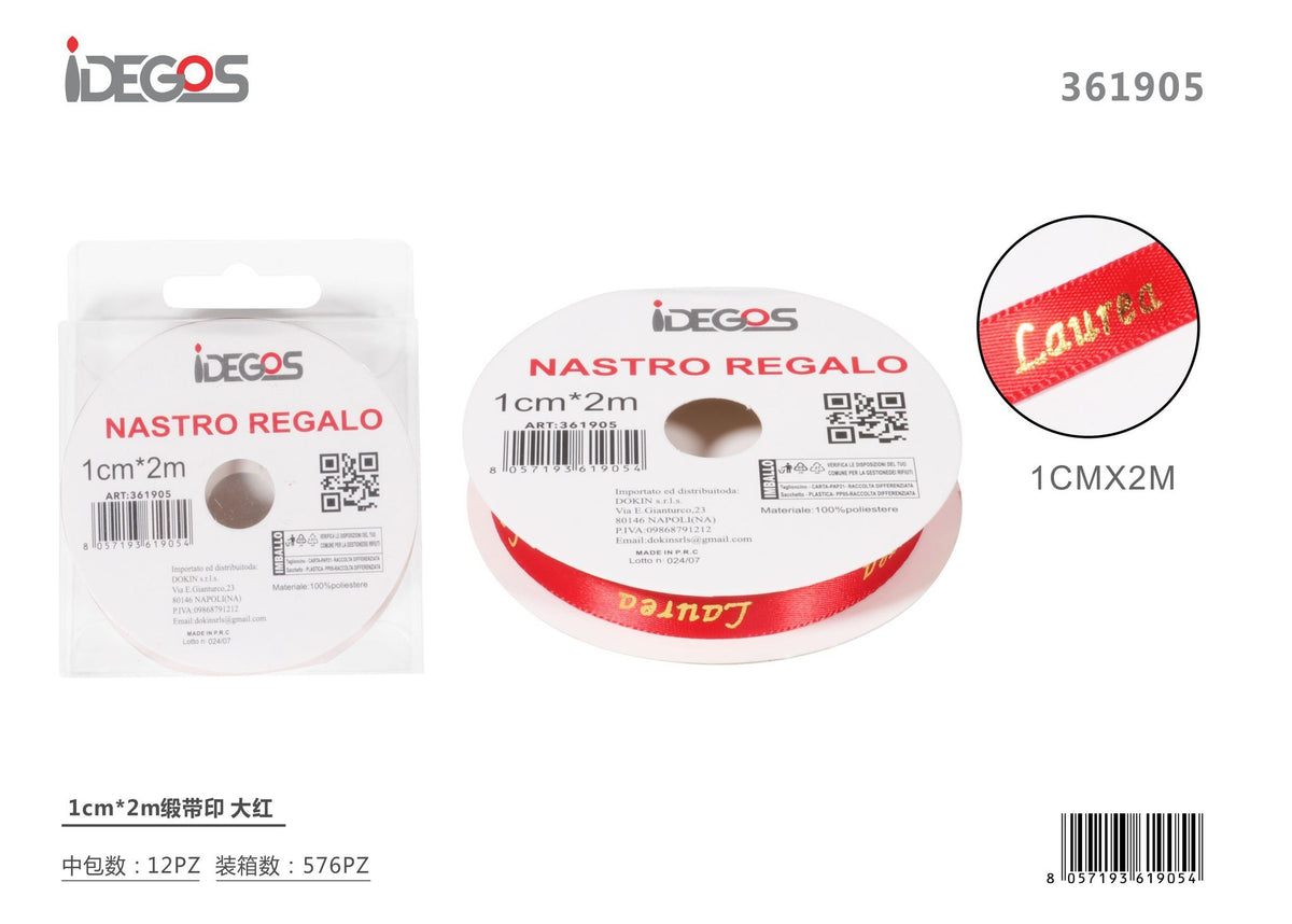Nastro regalo in raso con scritta, rosso, 1 cm x 2 m