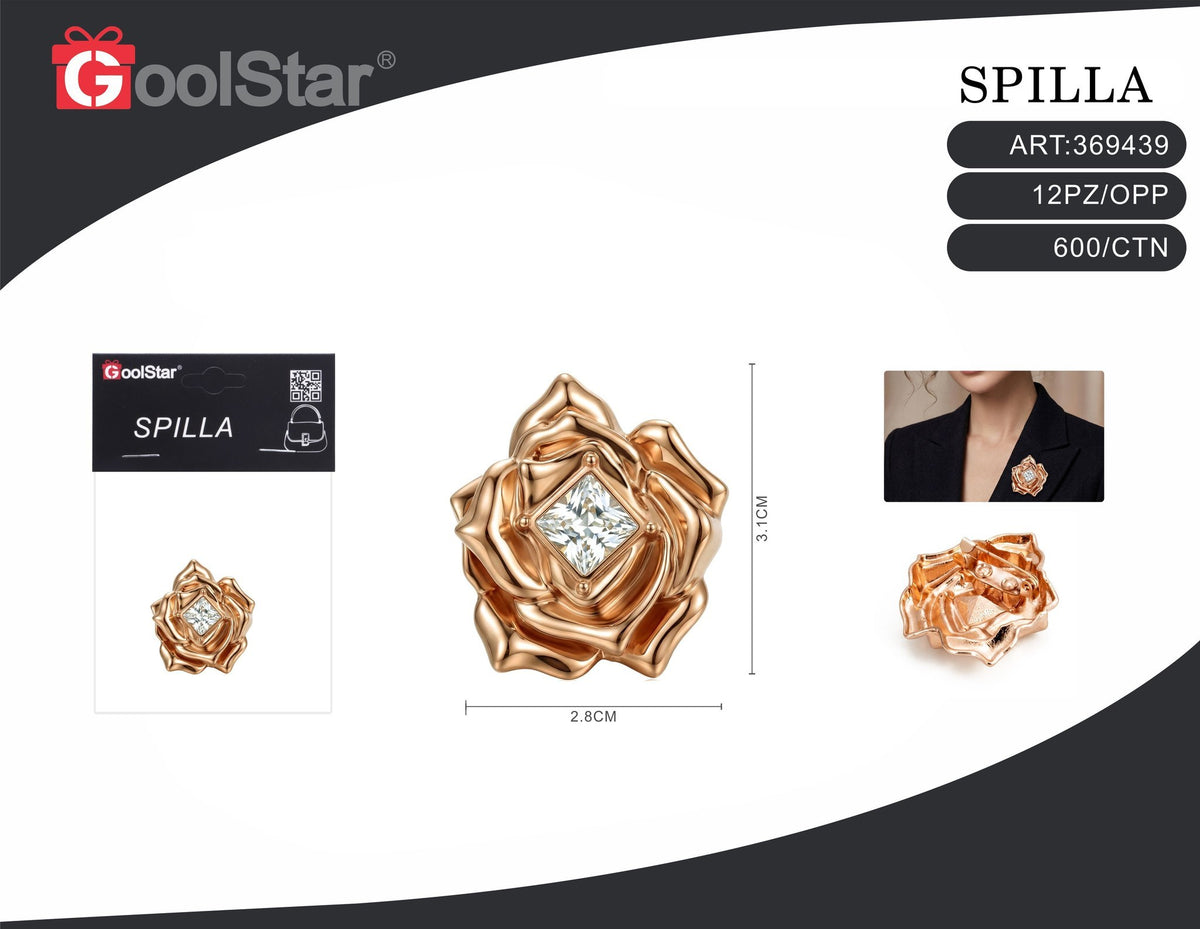 Spilla a rosa oro rosa con strass, 2,8 × 3,1 cm