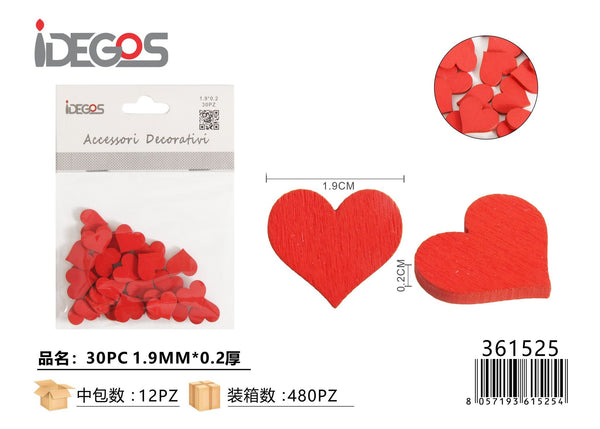 Set di 30 cuoricini decorativi in legno, rosso