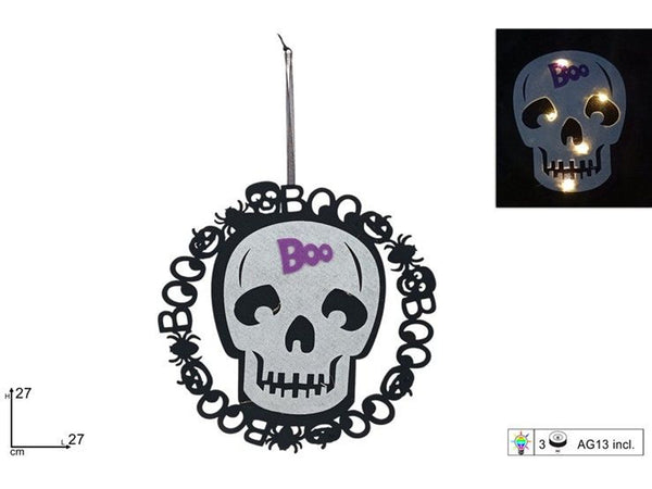 Teschio Halloween luminoso in feltro da appendere