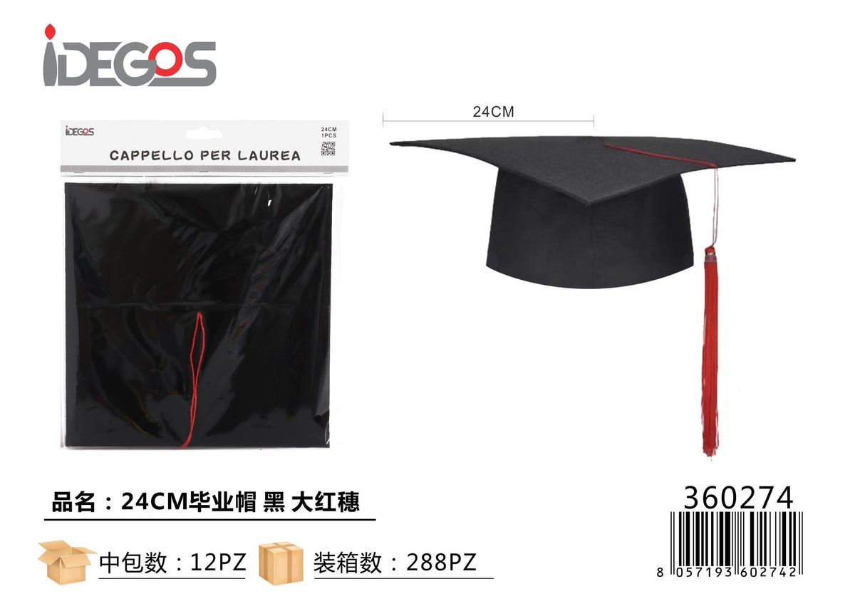 Tocco da laurea in velluto nero con nappa rossa, 24 cm