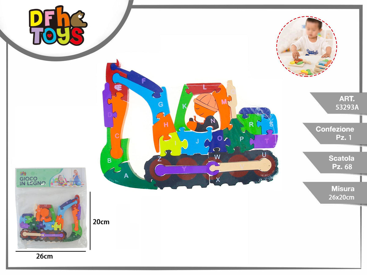 Puzzle in legno escavatore con numeri e lettere