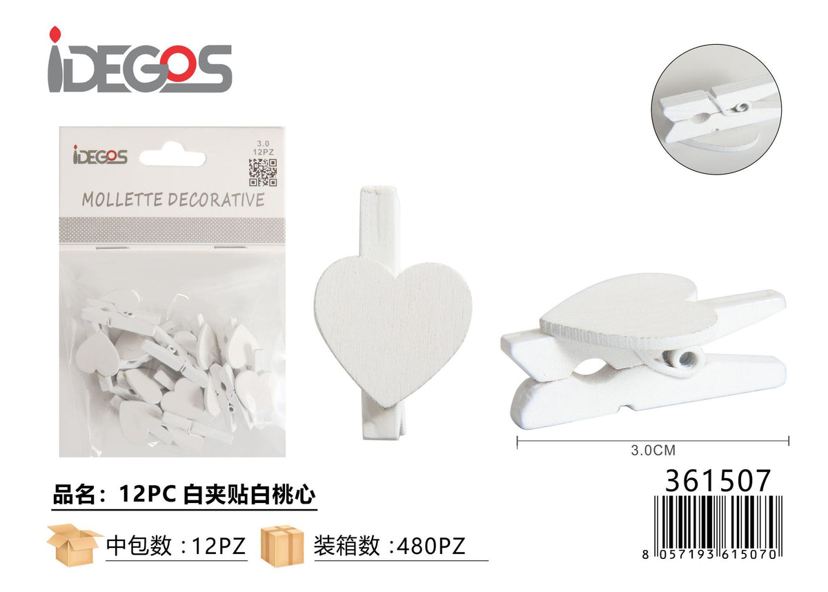 Mollette decorative con cuori bianchi, 3 cm, 12 pezzi