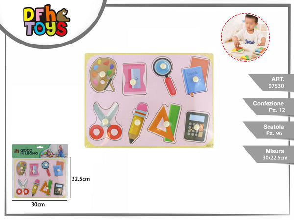 Puzzle a incastro in legno con oggetti scolastici