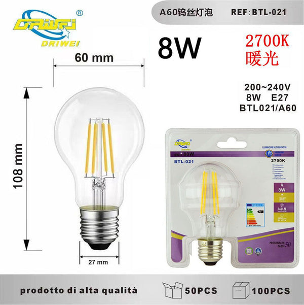 Lampadina decorativa a filamento — BTL-021, 8 W, 2700 K, E27