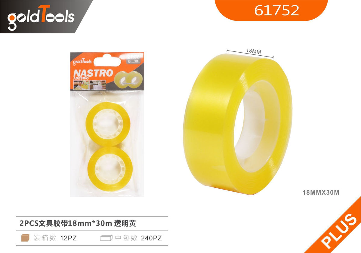 Nastro adesivo per cancelleria, confezione da 2 rotoli, giallo trasparente, 18mm x 30m