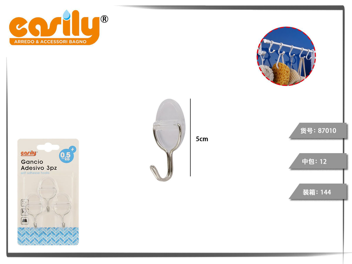 Ganci adesivi con base ovale e gancio metallico, confezione da 3
