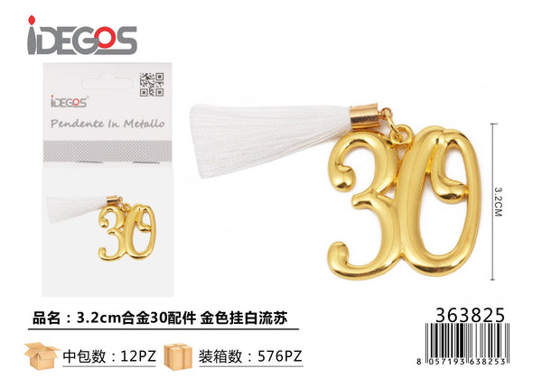 Ciondolo decorativo con numero e nappina bianca, oro, 3,2 cm