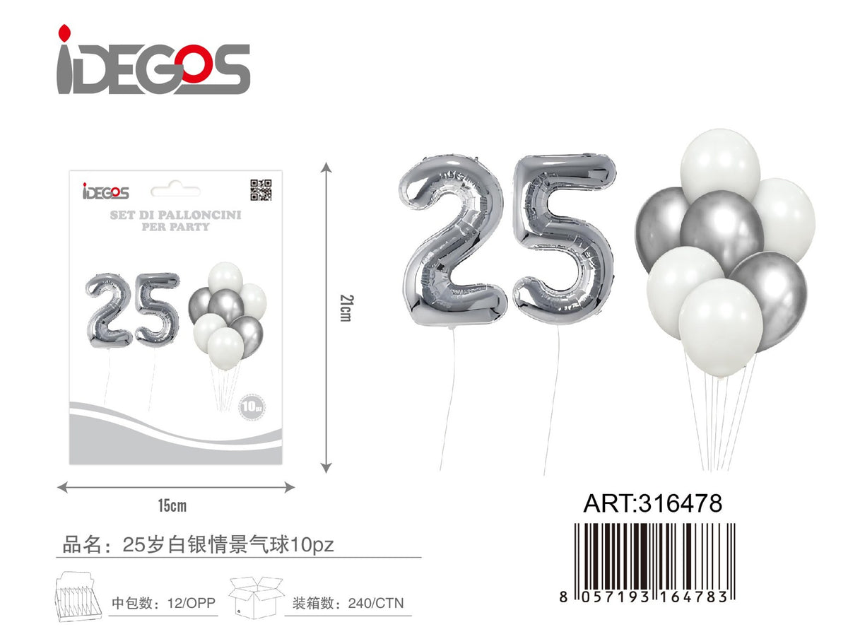 Set decorativo di palloncini per 25 anni, argento, 9 pezzi
