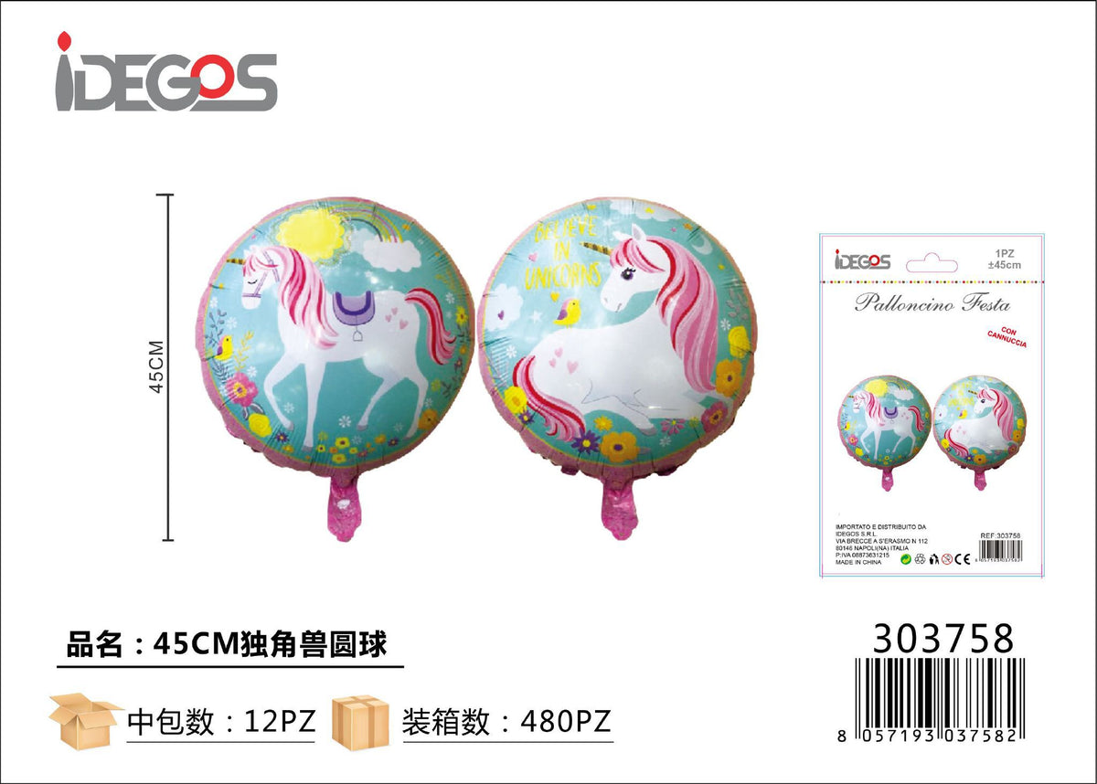 Palloncino foil rotondo Unicorno, 45 cm