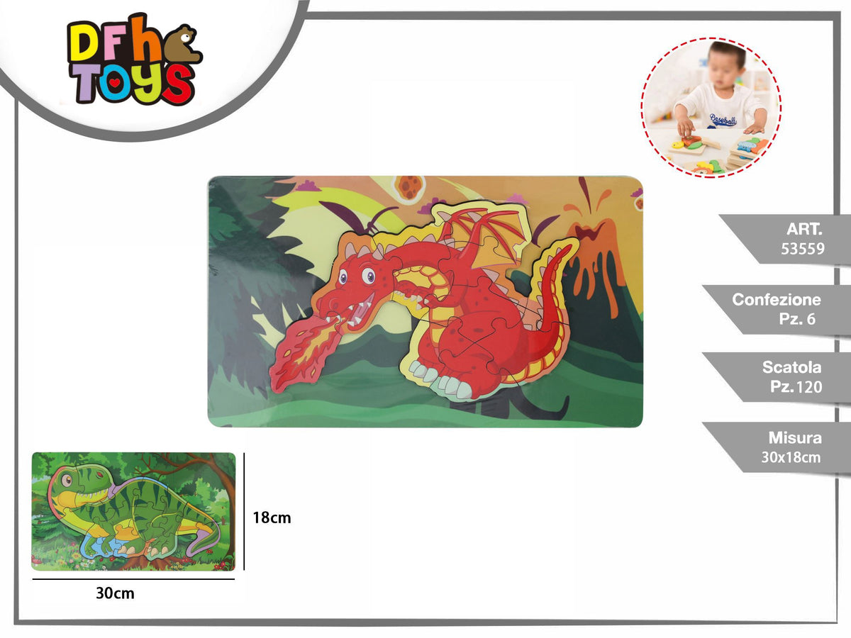 Puzzle in legno con draghi e dinosauri 30 × 18 cm