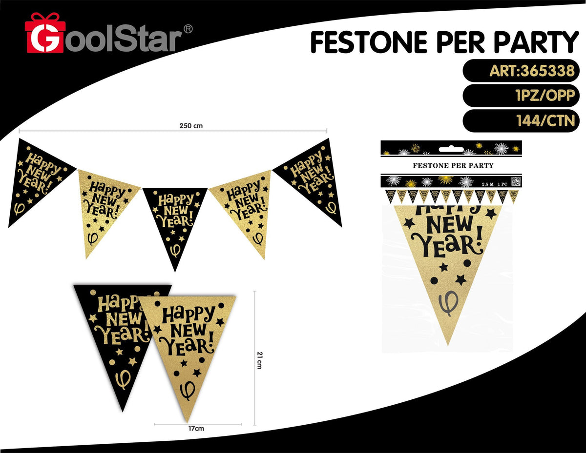 Festone Happy New Year a bandierine triangolari, 2,5 m