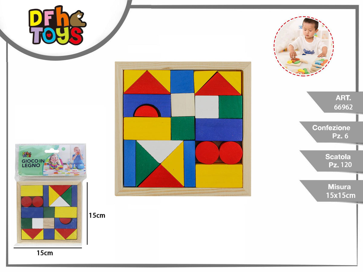 Blocchi geometrici in legno con vassoio 15 × 15 cm