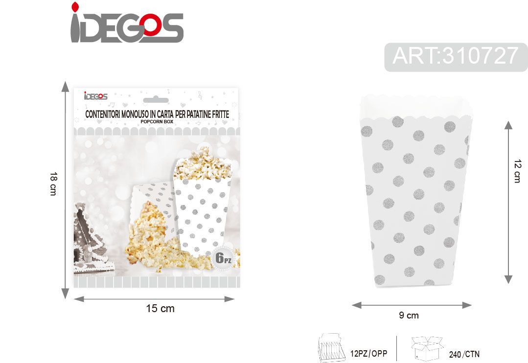 Contenitori in carta per popcorn 6pz bianco puntini argento