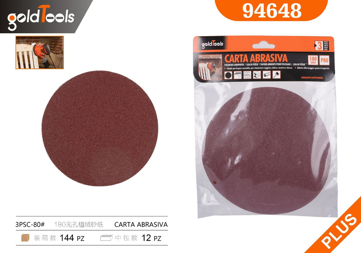 Carta abrasiva senza fori, grana 80, formato 180, 3 pezzi