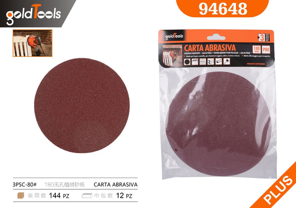 Carta abrasiva senza fori, grana 80, formato 180, 3 pezzi