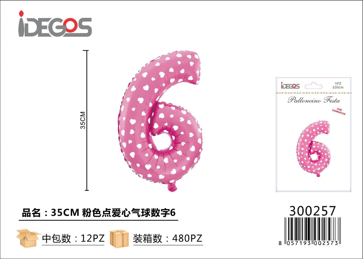Palloncino Numero 6 Puntini Cuore Rosa 35cm
