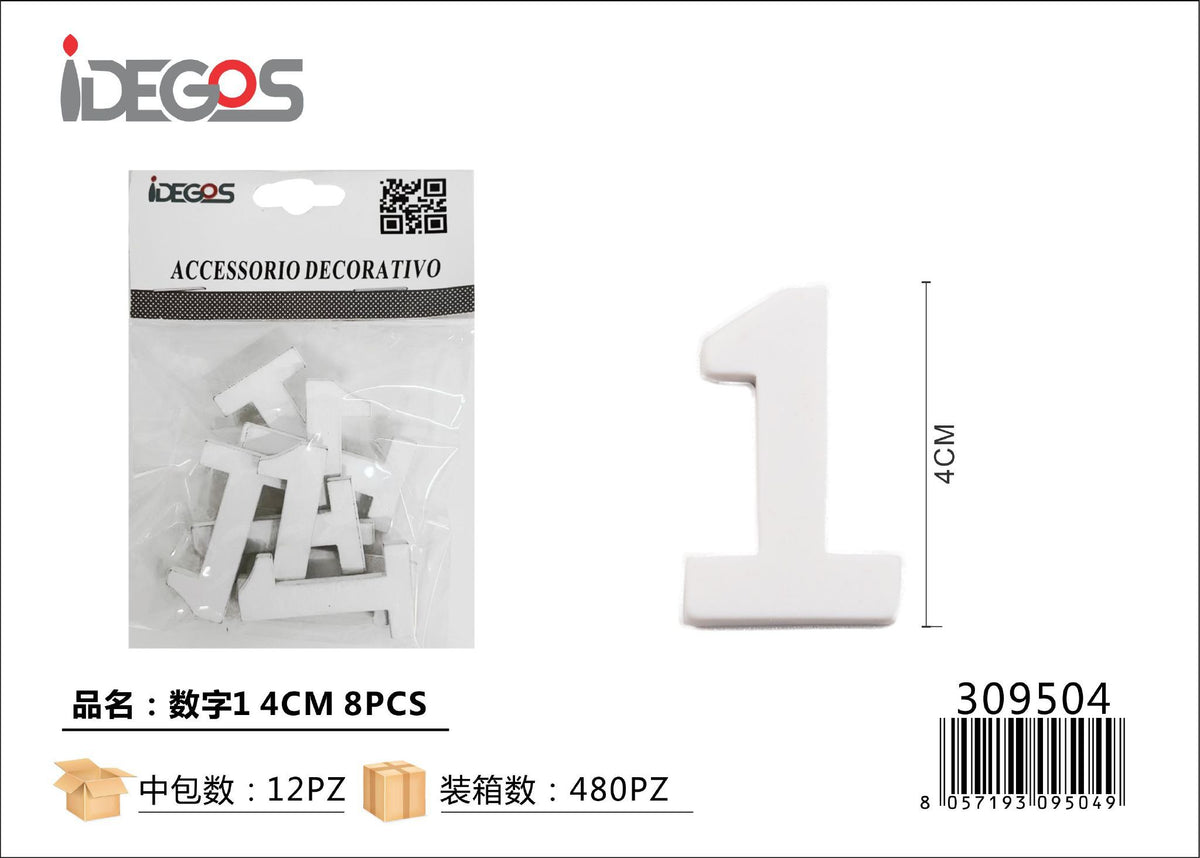 Set di 8 decorazioni Numero 1 in legno, bianco, 4 cm