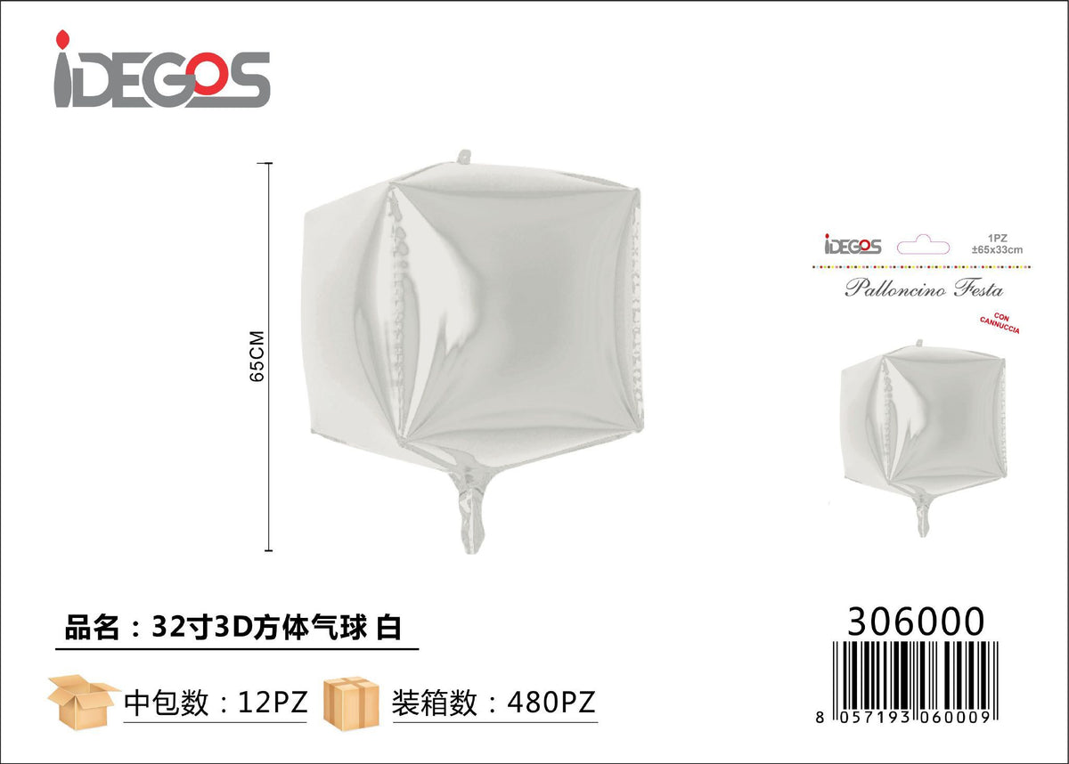 Palloncino foil Cubo 3D bianco, 32 pollici