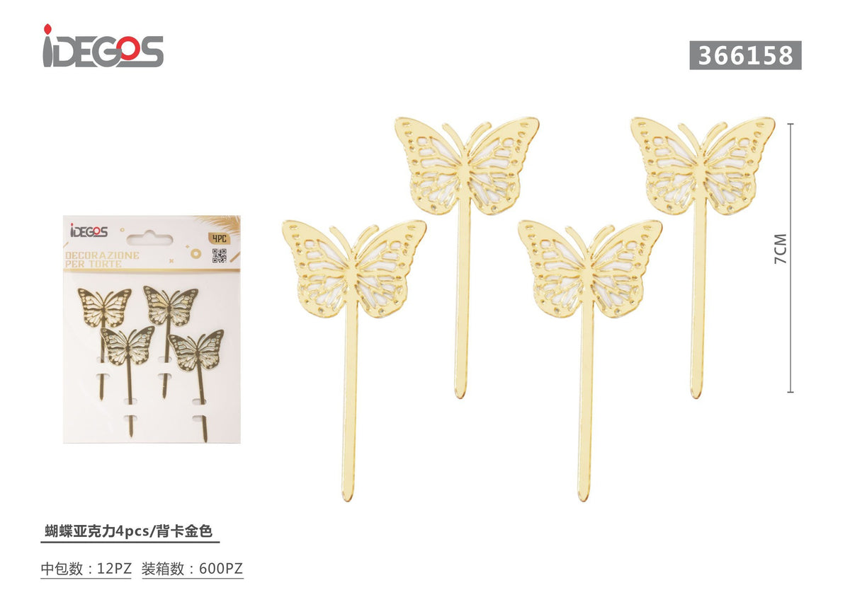 Farfalle decorative in acrilico oro chiaro, 4 pezzi