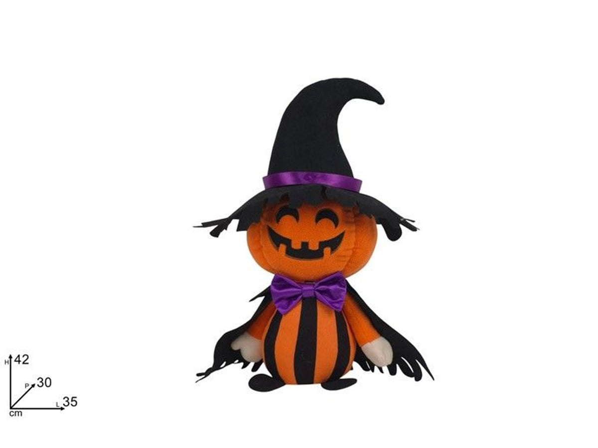 Personaggio zucca decorativo Halloween con cappello e mantello