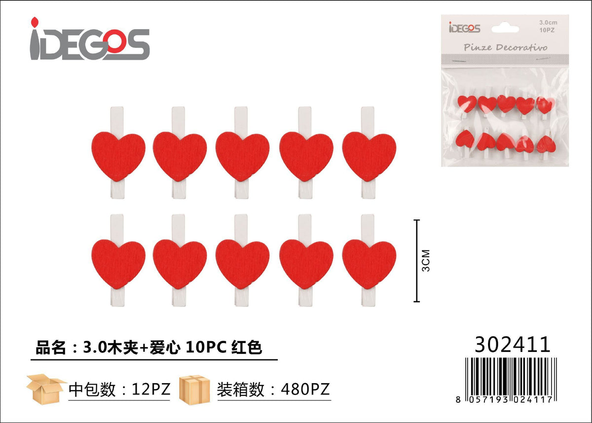 Mollette decorative con cuori rossi, 3 cm, 10 pezzi
