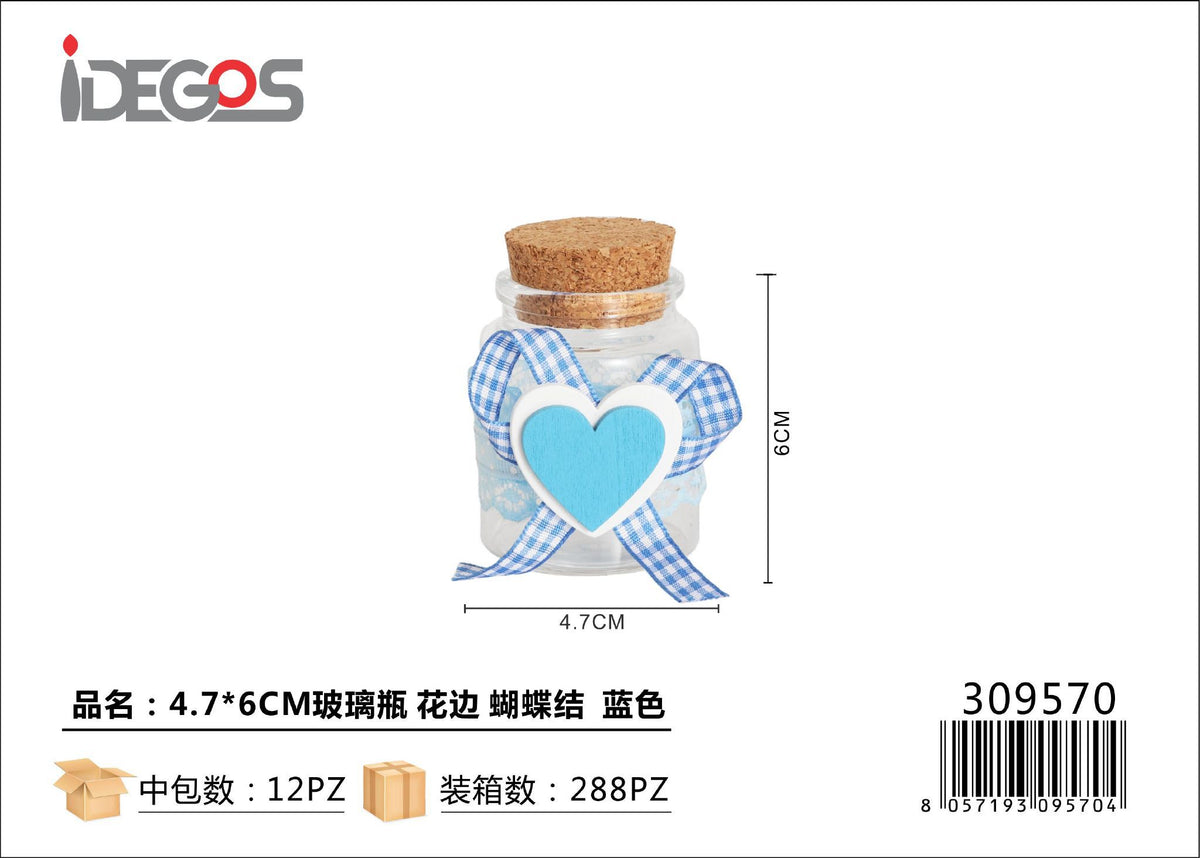 Bottiglietta in vetro con fiocco e cuore, celeste, 4,7 x 6 cm