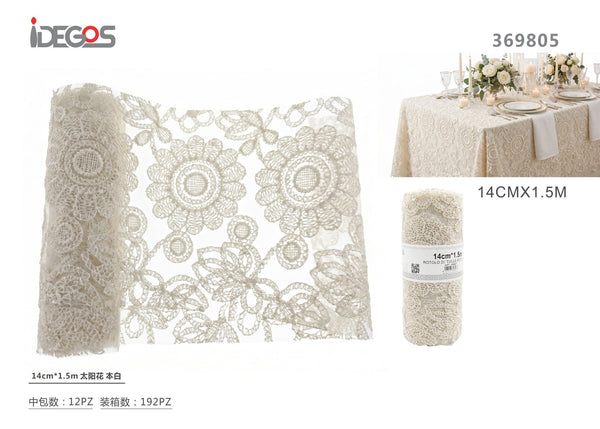 Rotolo di pizzo a fiori, bianco naturale, 14 cm x 1,5 m