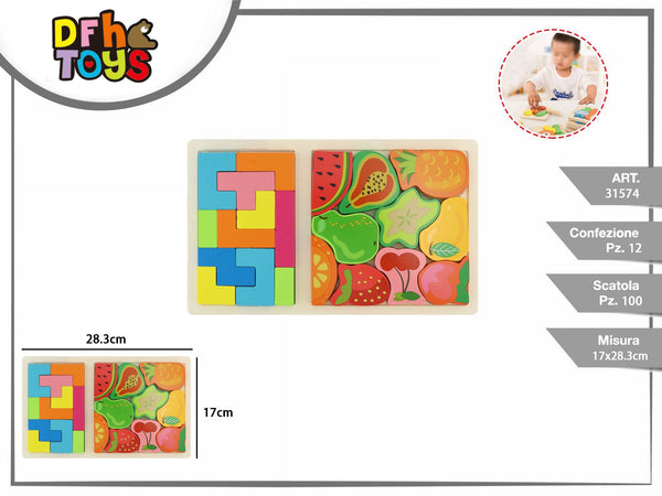 Puzzle in legno 2 in 1 con frutta e forme geometriche