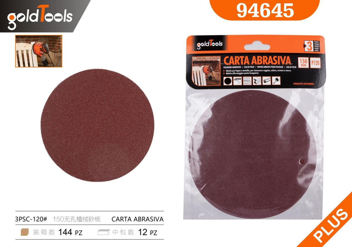 Carta abrasiva senza fori, grana 120, formato 150, 3 pezzi